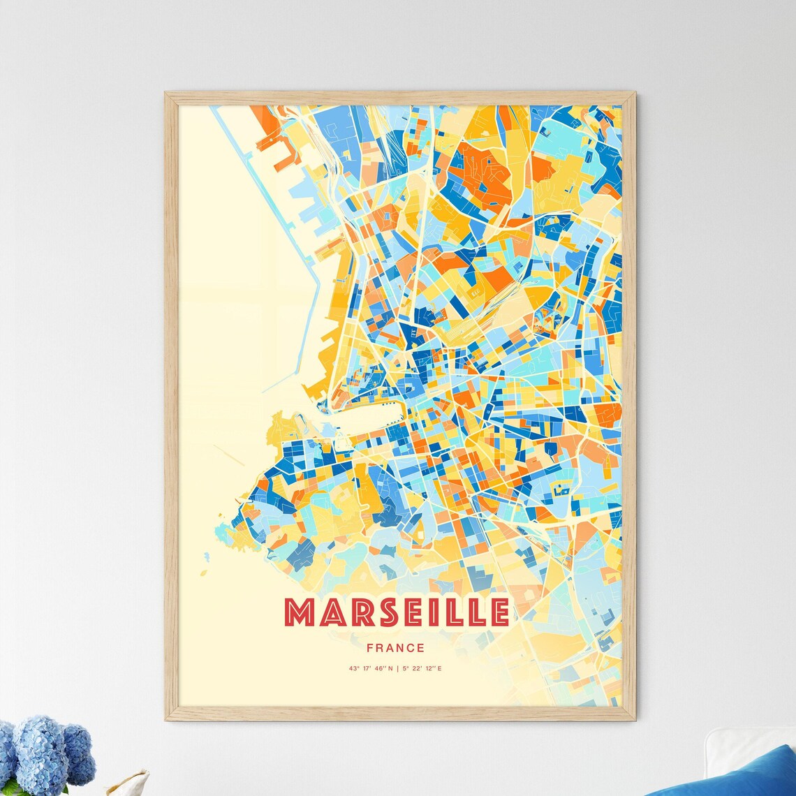 Marseille France Blue Orange Colorful Coastal City Map Art Poster