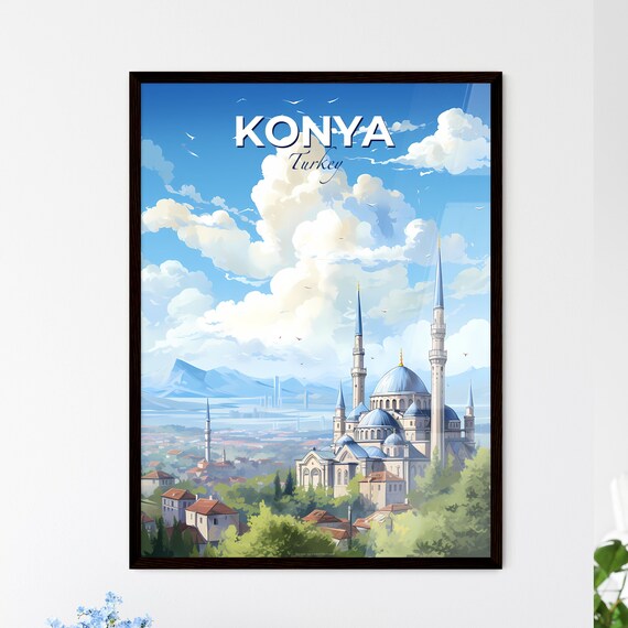 Konya Turkey Skyline Mosque Minarets Blue Dome Cityscape Travel Poster