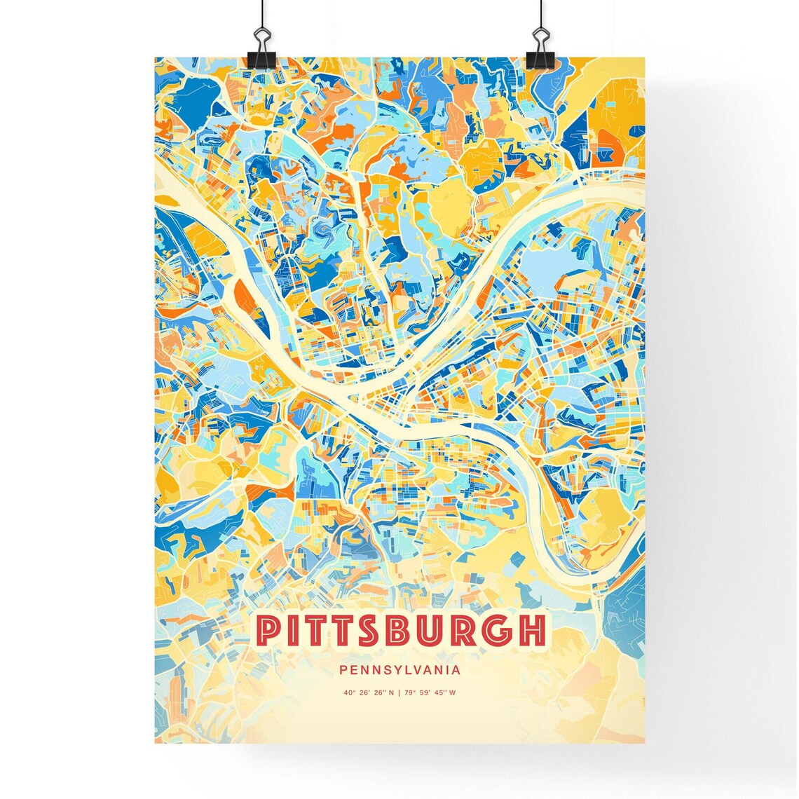 Pittsburgh Pennsylvania Colorful Blue Orange Abstract City Map Art Poster - Image 3