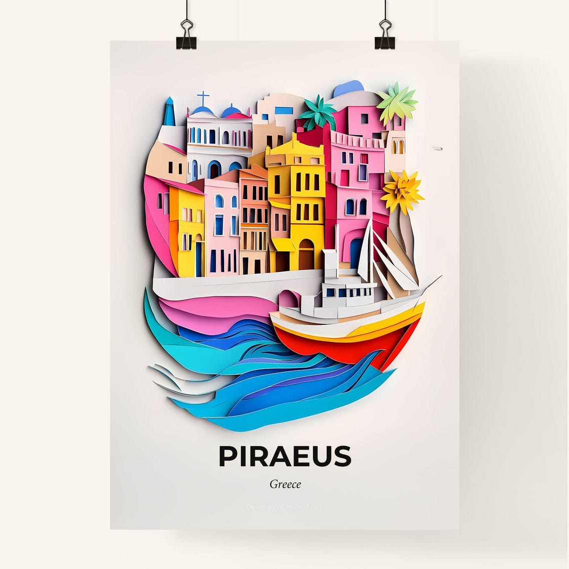 Piraeus Greece Colorful Harbor Boat Paper Cut City Art Poster - Image 4