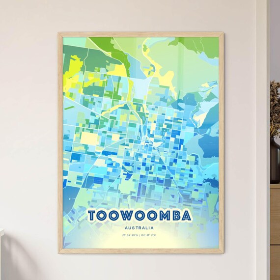 Toowoomba Australia Pastel Blue City Map Art with Coordinates Poster