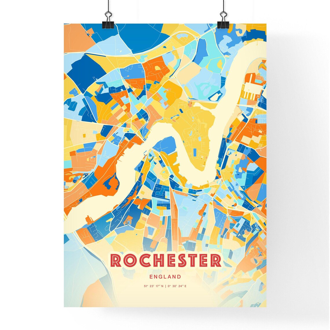 Rochester England Colorful Blue and Orange Retro City Street Map Wall Art - Image 3