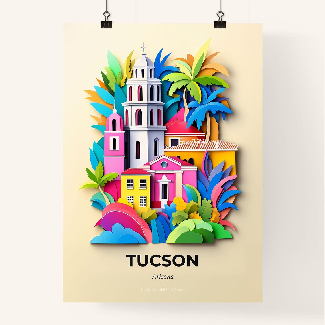 Tucson Arizona Mission Church And Palms Paper Cut Art Poster - Image 4