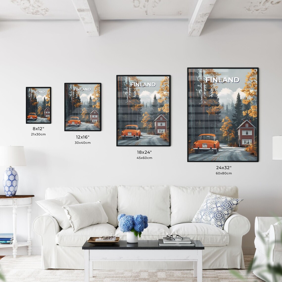 Finland Autumn Forest Road Orange Vintage Car Travel Art Poster - Image 3