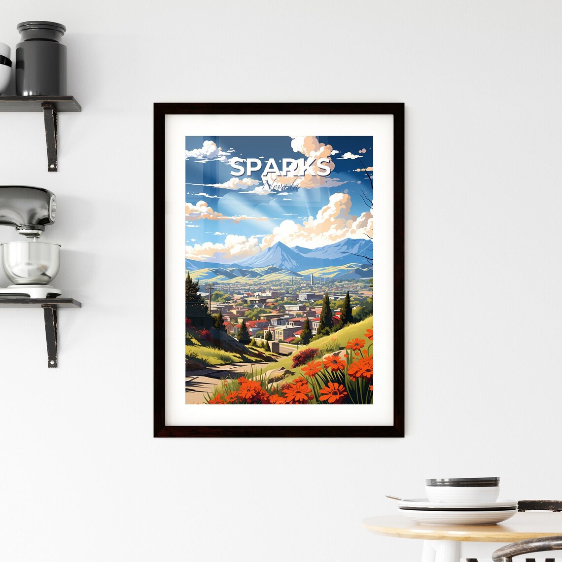 Sparks Nevada Town Beneath Blue Mountains Poppy Flowers Poster - Image 2