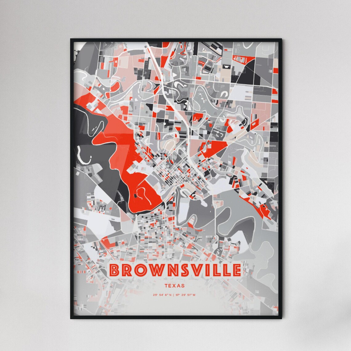 Brownsville Texas City Map Art Modern Red Gray Coordinate Poster