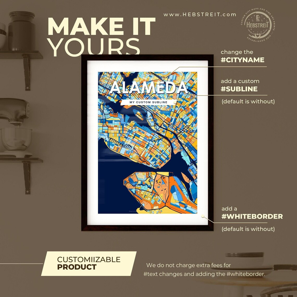 Alameda California Vibrant Geometric City Map Art Poster in Blue and Orange - Image 2