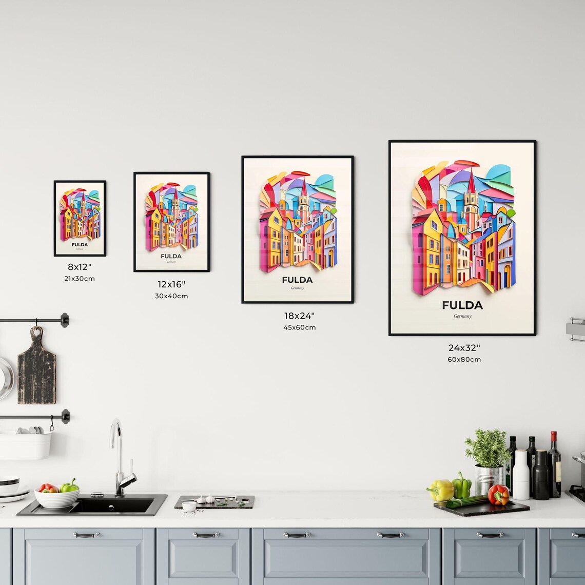 Fulda Germany Colorful Paper Cut Old Town and Church Spire Poster - Image 3