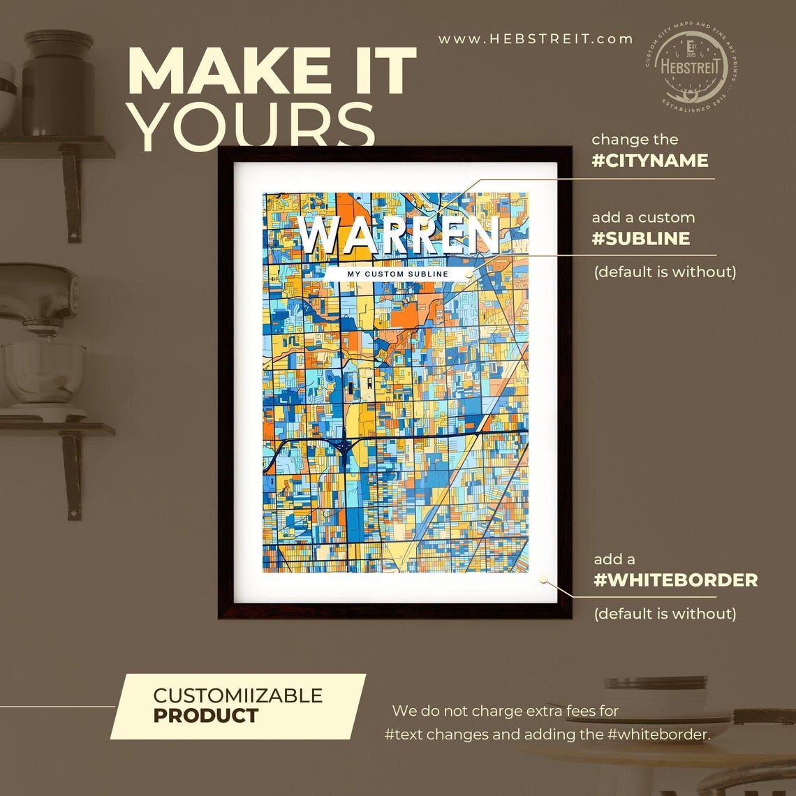 Warren Michigan Stylish Vibrant Blue and Orange Mosaic City Map Poster - Image 2