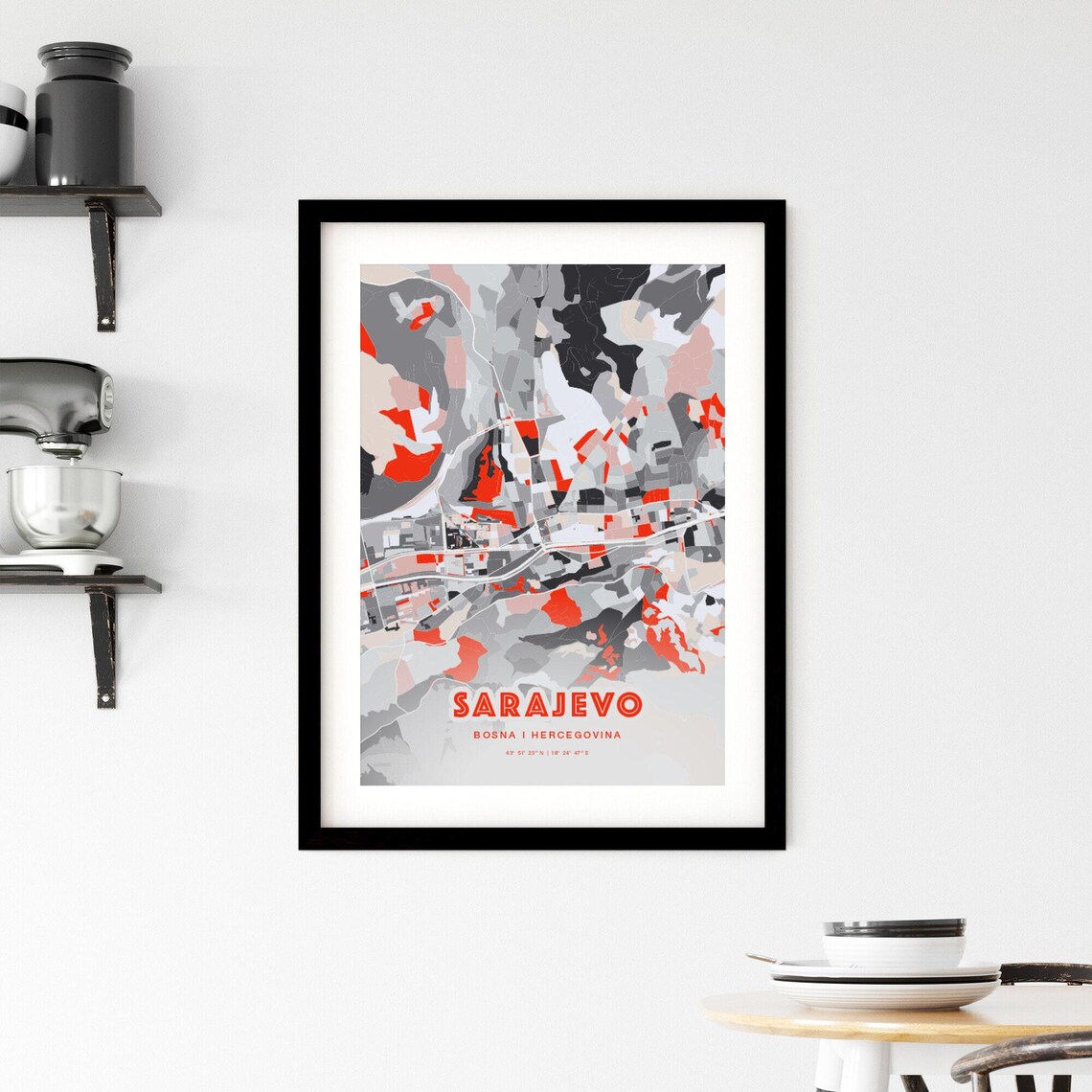 Sarajevo Bosnia and Herzegovina Expressive Red Abstract City Map Art Poster - Image 3