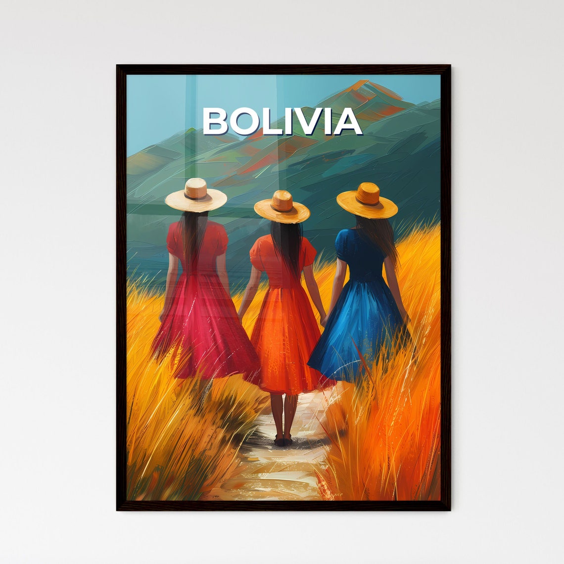 Bolivia Three Women Straw Hats Mountain Fields Vintage Travel Poster