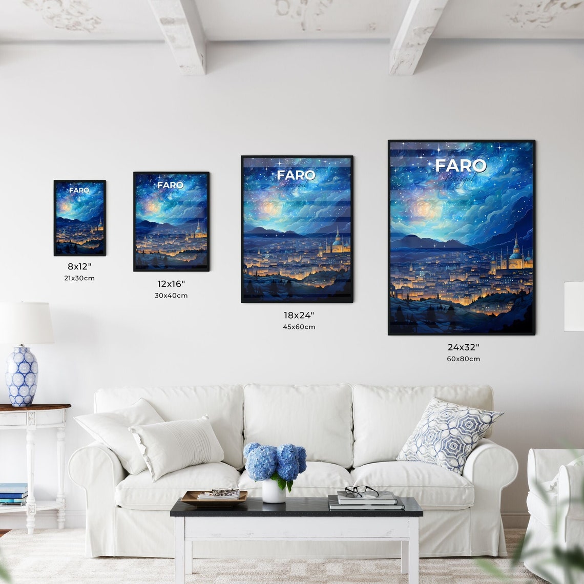 Faro Portugal Starry Night Skyline City Lights Travel Poster - Image 3