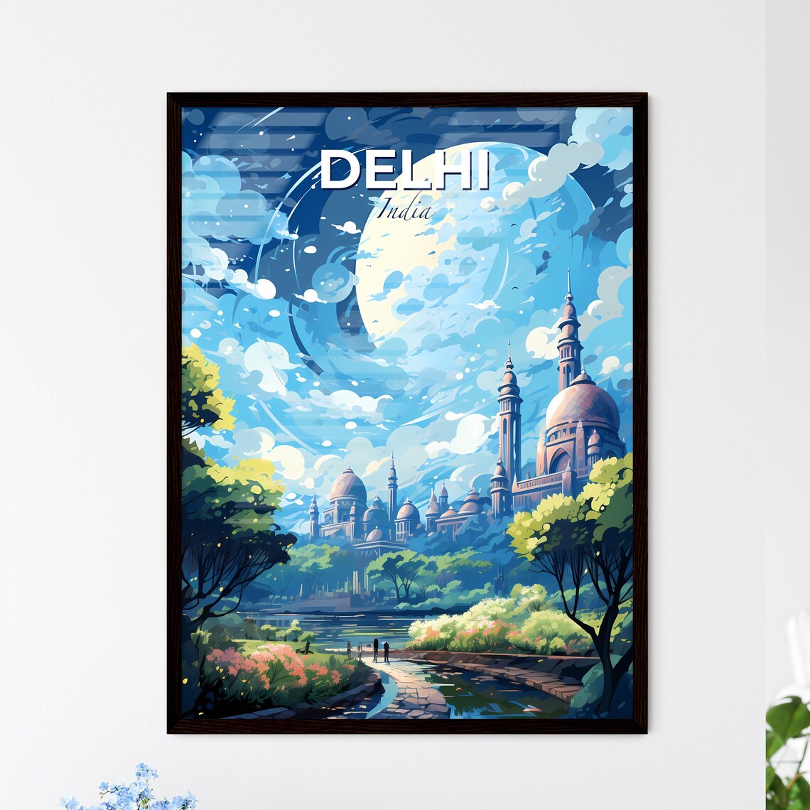 Delhi India Night Travel Poster Moonlit Domes River Reflection Illustration