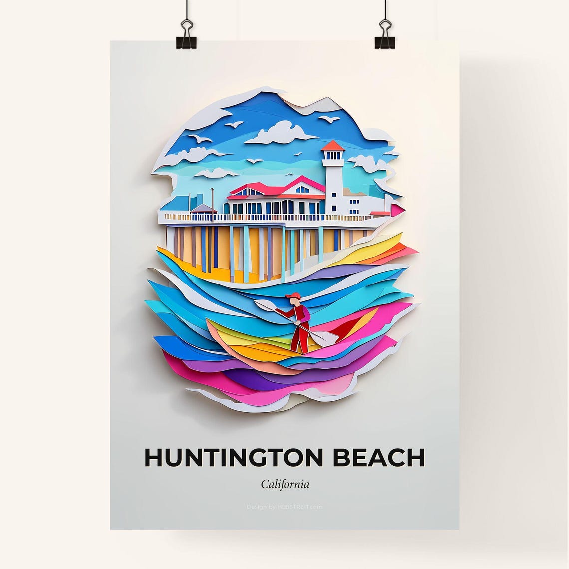 Huntington Beach California Colorful Paper Cut Pier Surf Poster - Image 4