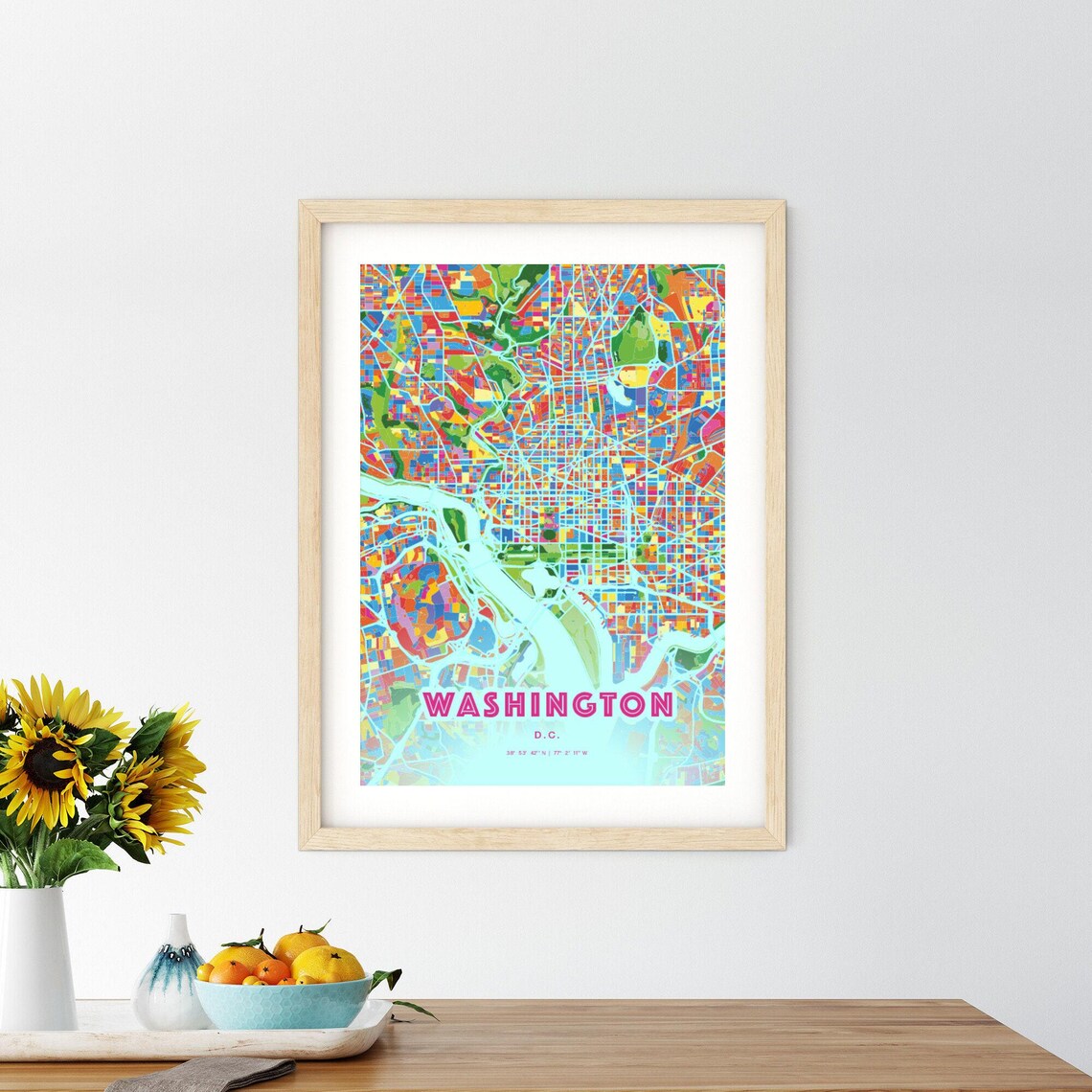 Washington DC Colorful City Map Art Poster in Pink and Turquoise - Image 2
