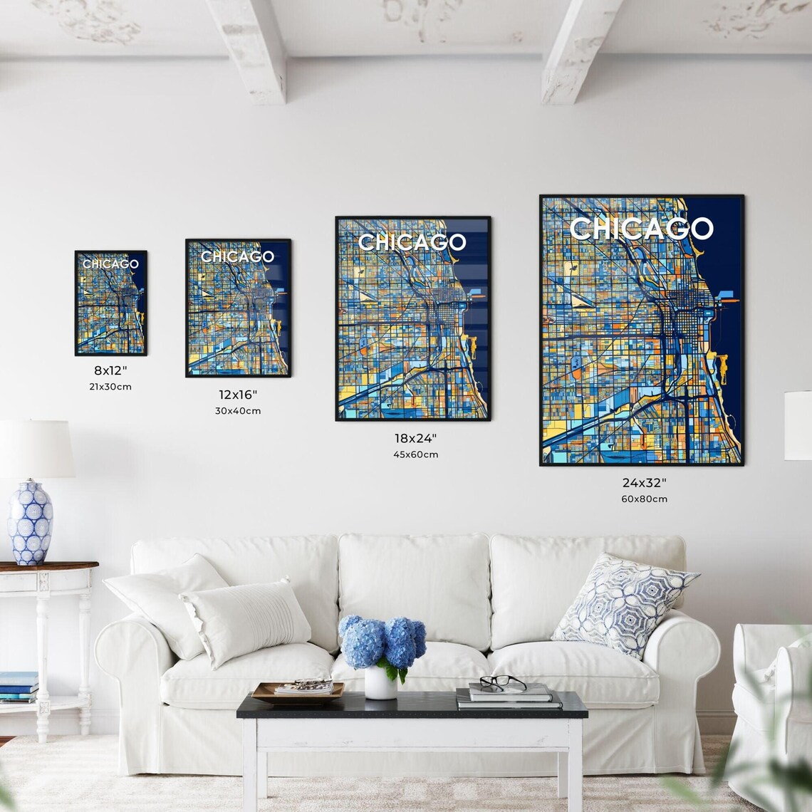 Chicago Illinois Stylish Vibrant Blue and Orange Mosaic City Map Poster - Image 3