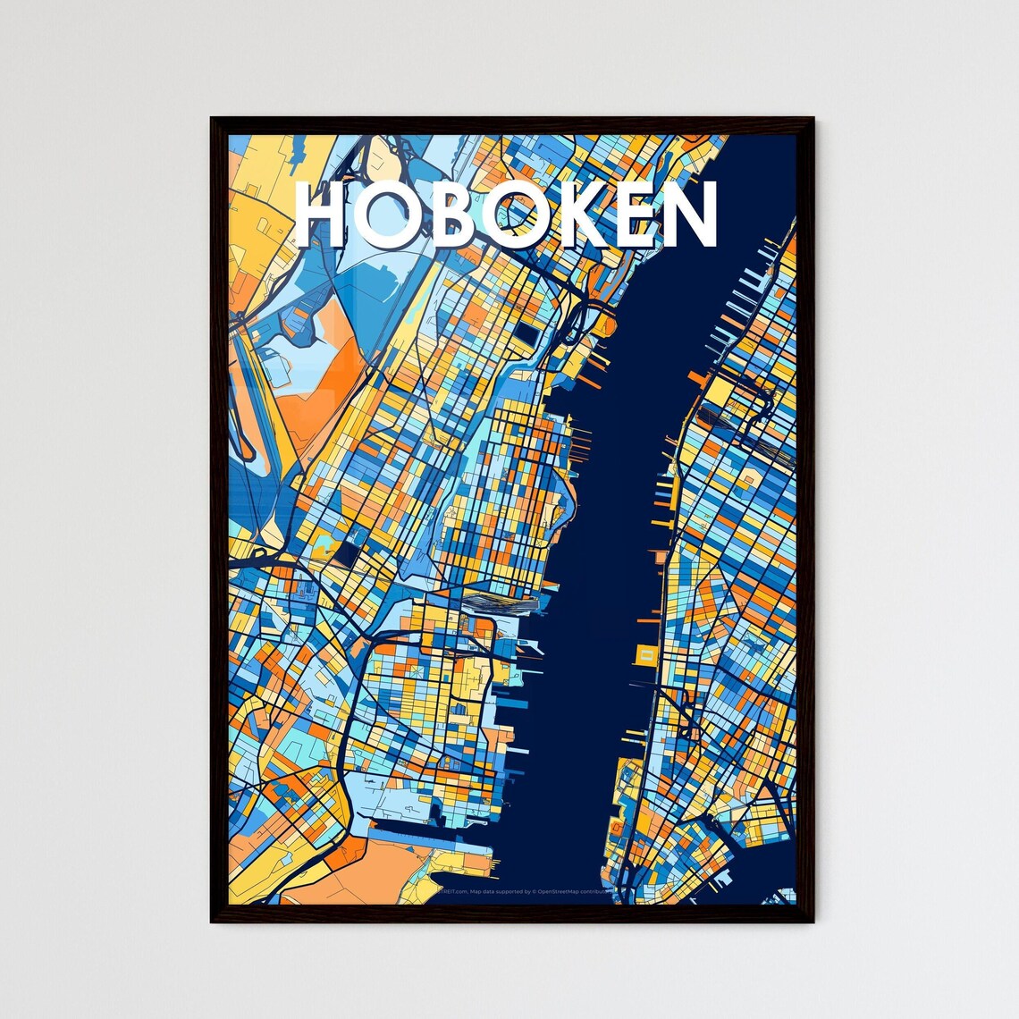 Hoboken New Jersey City Map Blue Orange Modern Cartography Poster
