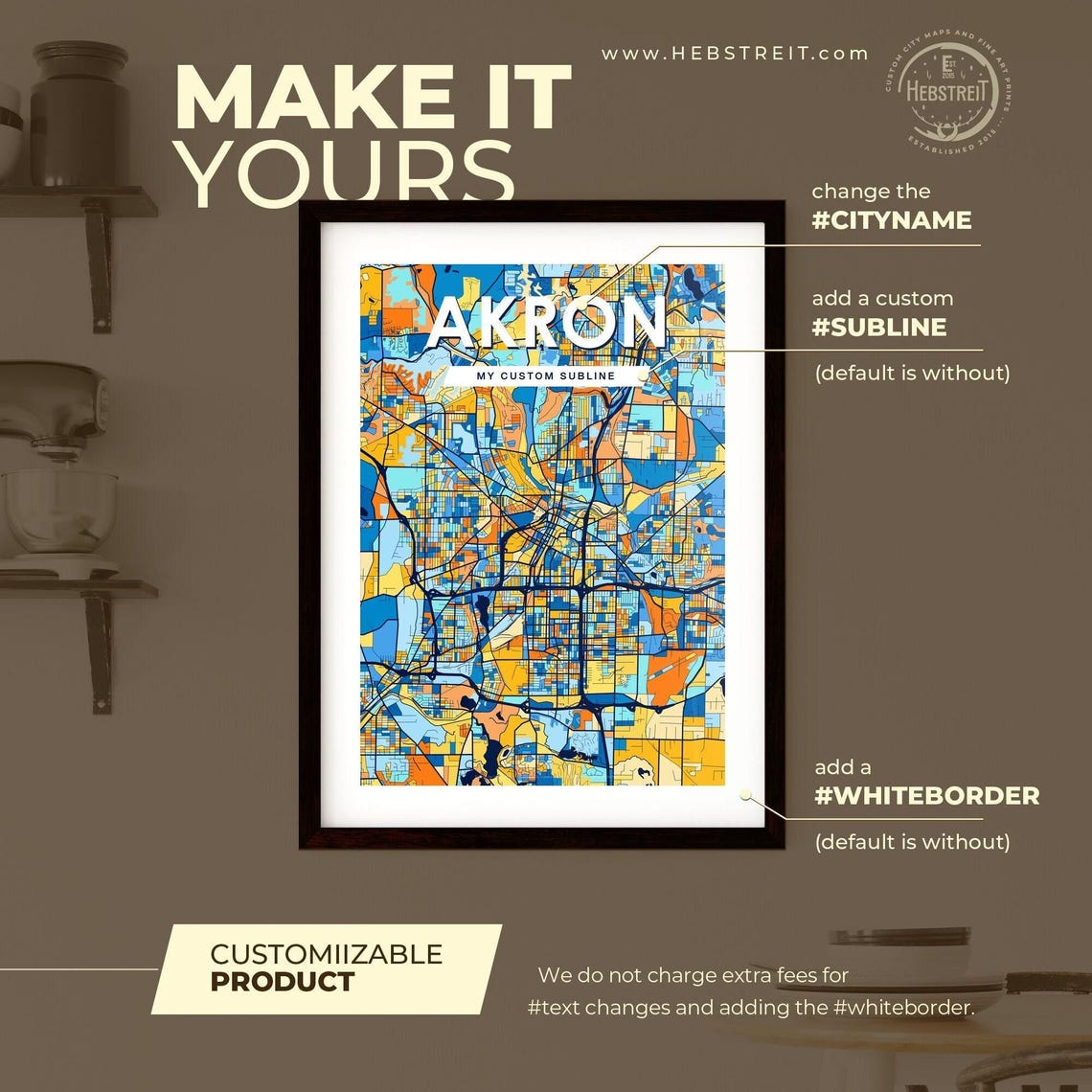 Akron Ohio Summit County Colorful Blue Orange Map Art Poster - Image 2