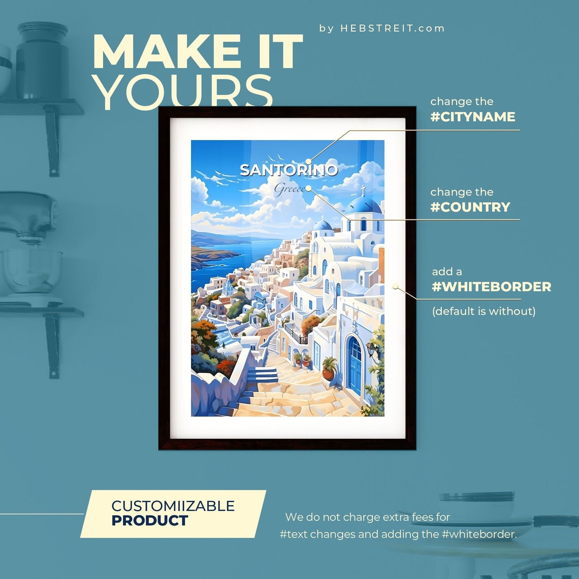 Santorino Greece Blue Domes White Village Cliffside Travel Poster - Image 2