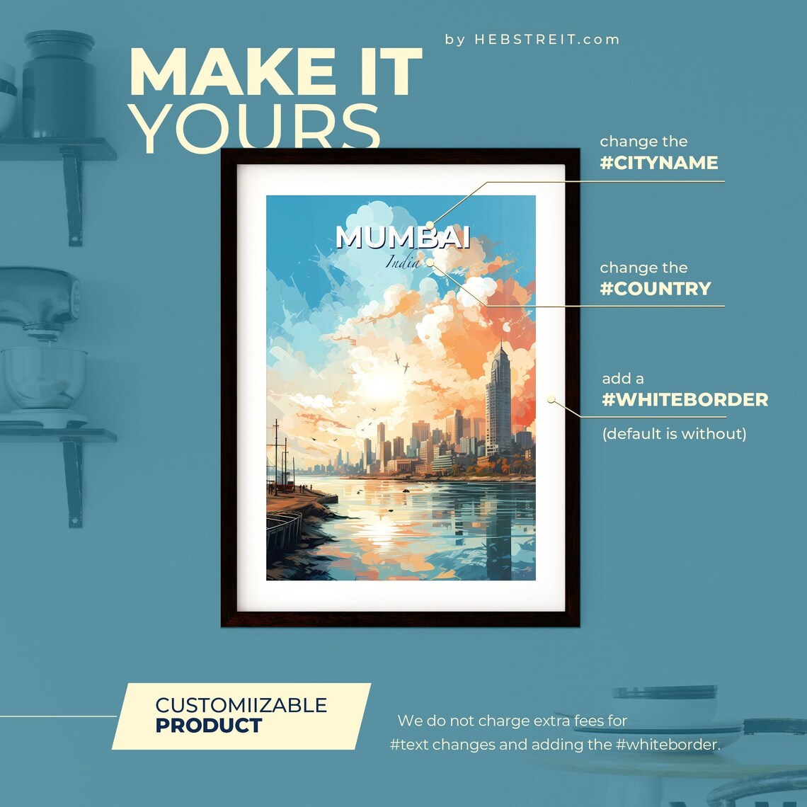 Mumbai India Harbor Skyline Sunset Watercolor Travel Art Poster - Image 2