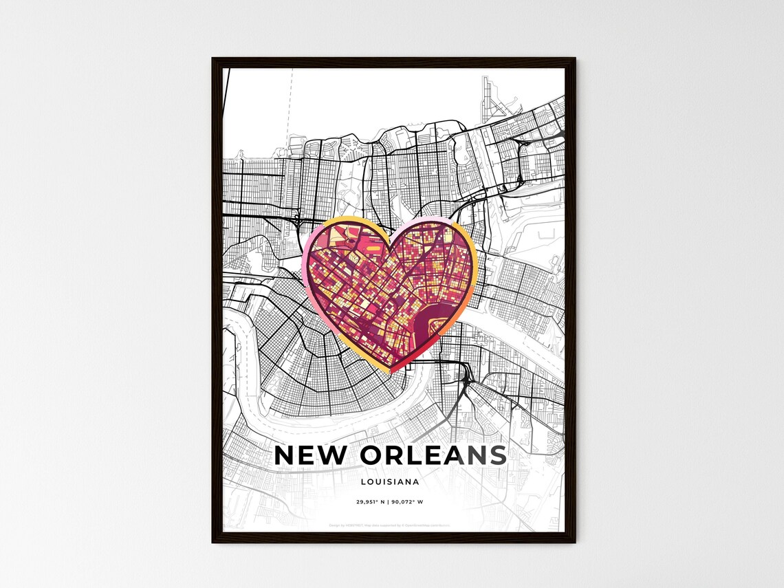 New Orleans Louisiana Minimal Map Art With Colorful Heart Icon Poster