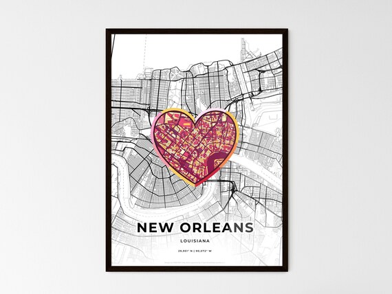 New Orleans Louisiana Minimal Map Art With Colorful Heart Icon Poster