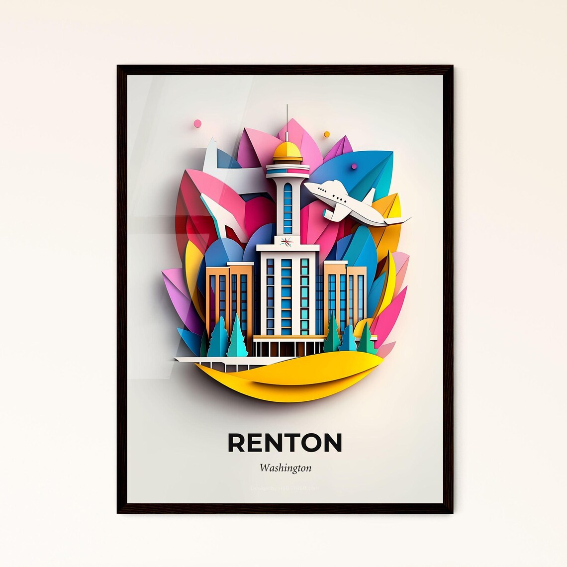 Renton Washington Colorful Paper Cut City Landmark Travel Poster