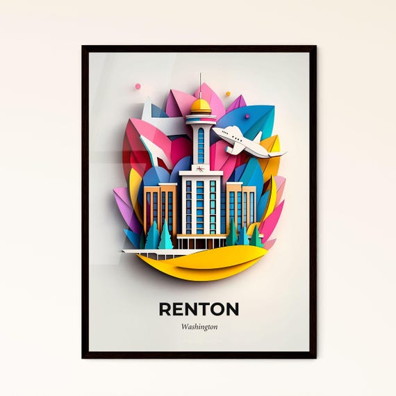 Vivid Renton Washington A Paper Cut Print Of A Building With A Plane Flying Over It Fine Art Print Customizable