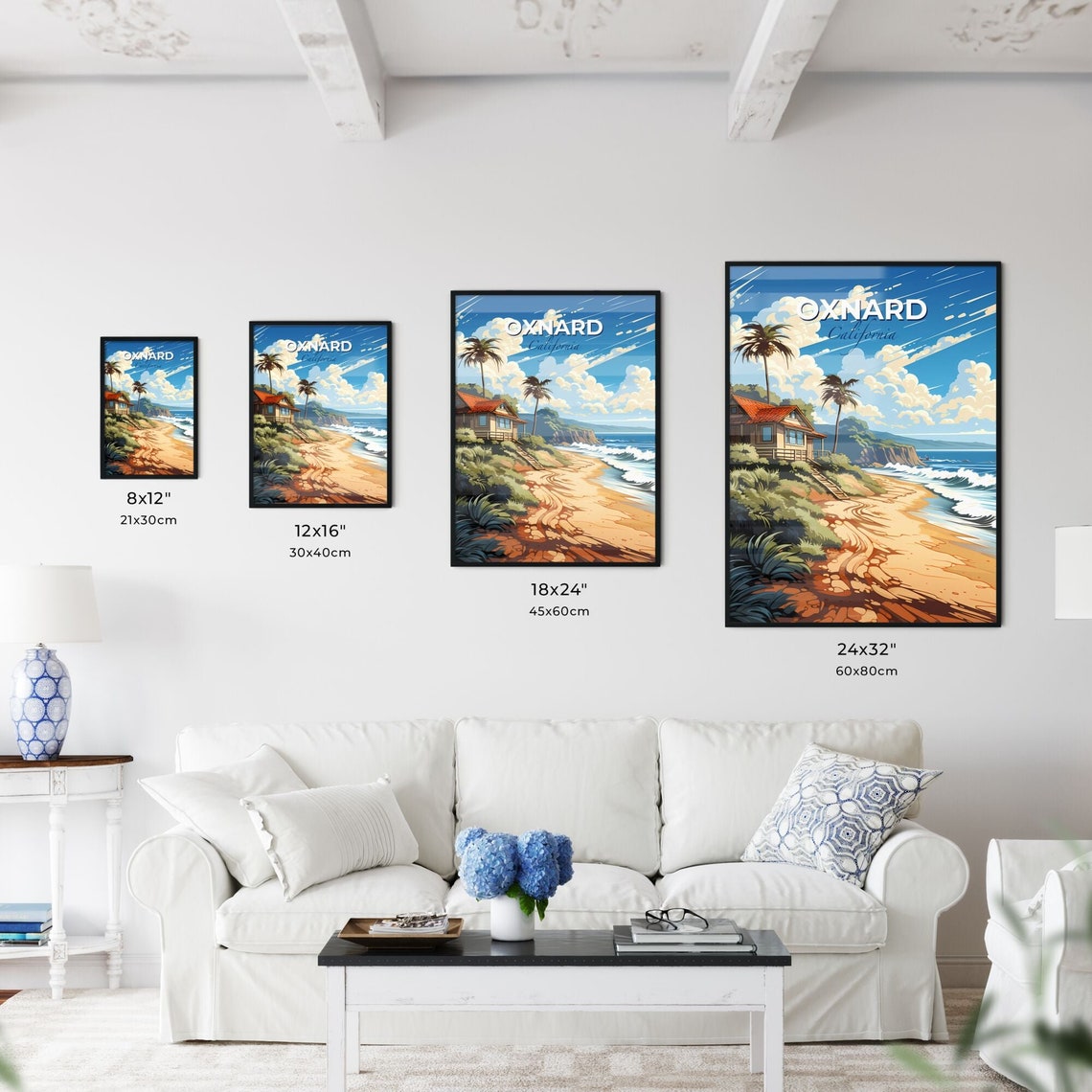 Oxnard California Beach Cottage Palm Trees Ocean Surf Travel Poster - Image 3