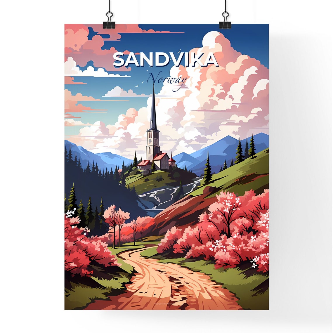 Sandvika Norway Hilltop Church Spring Blossoms Mountains Poster - Image 4