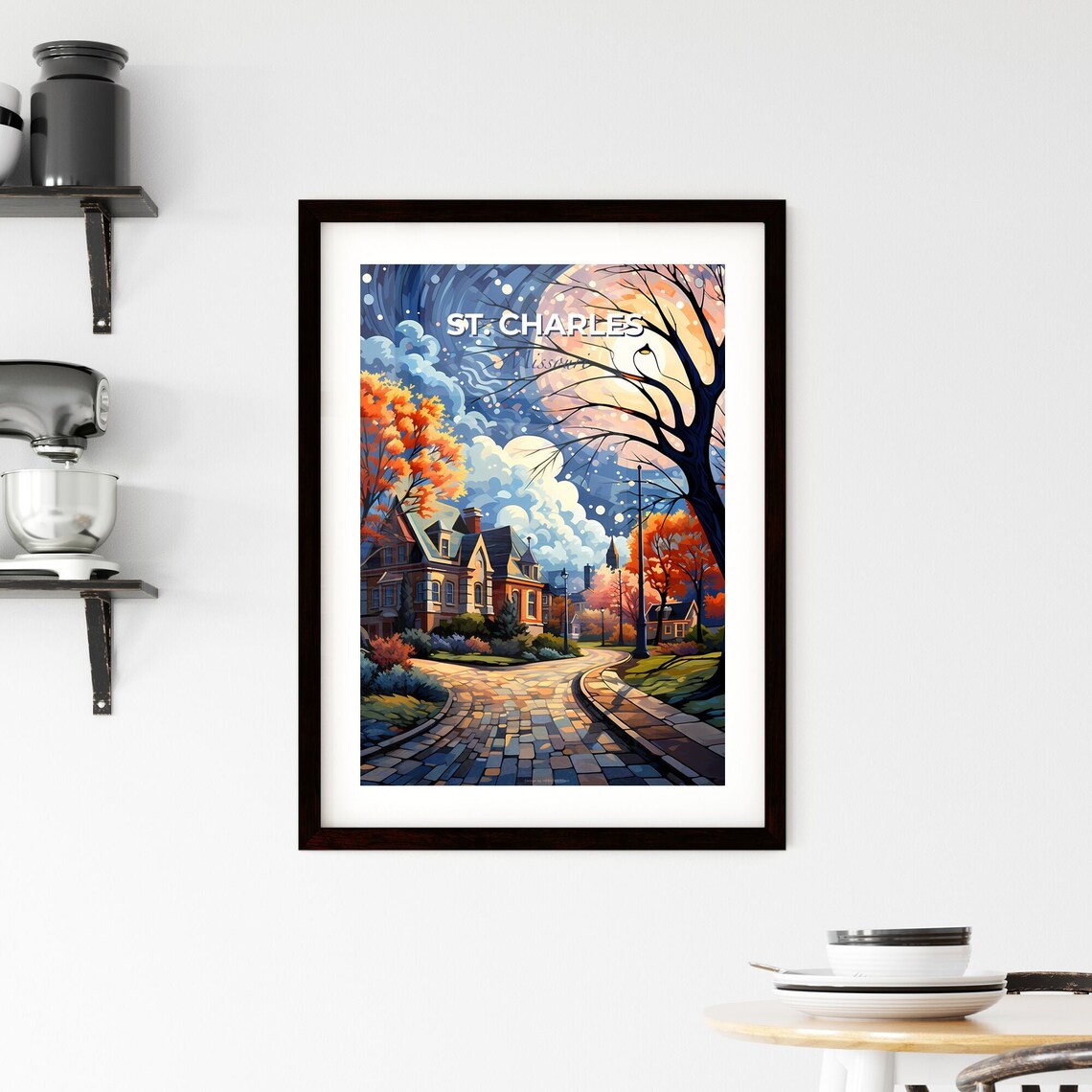 St Charles Missouri Autumn Moonlit Cobblestone Street Poster - Image 2