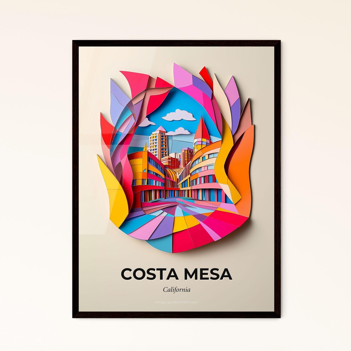 Costa Mesa California Colorful Paper Cut Modern Plaza Poster