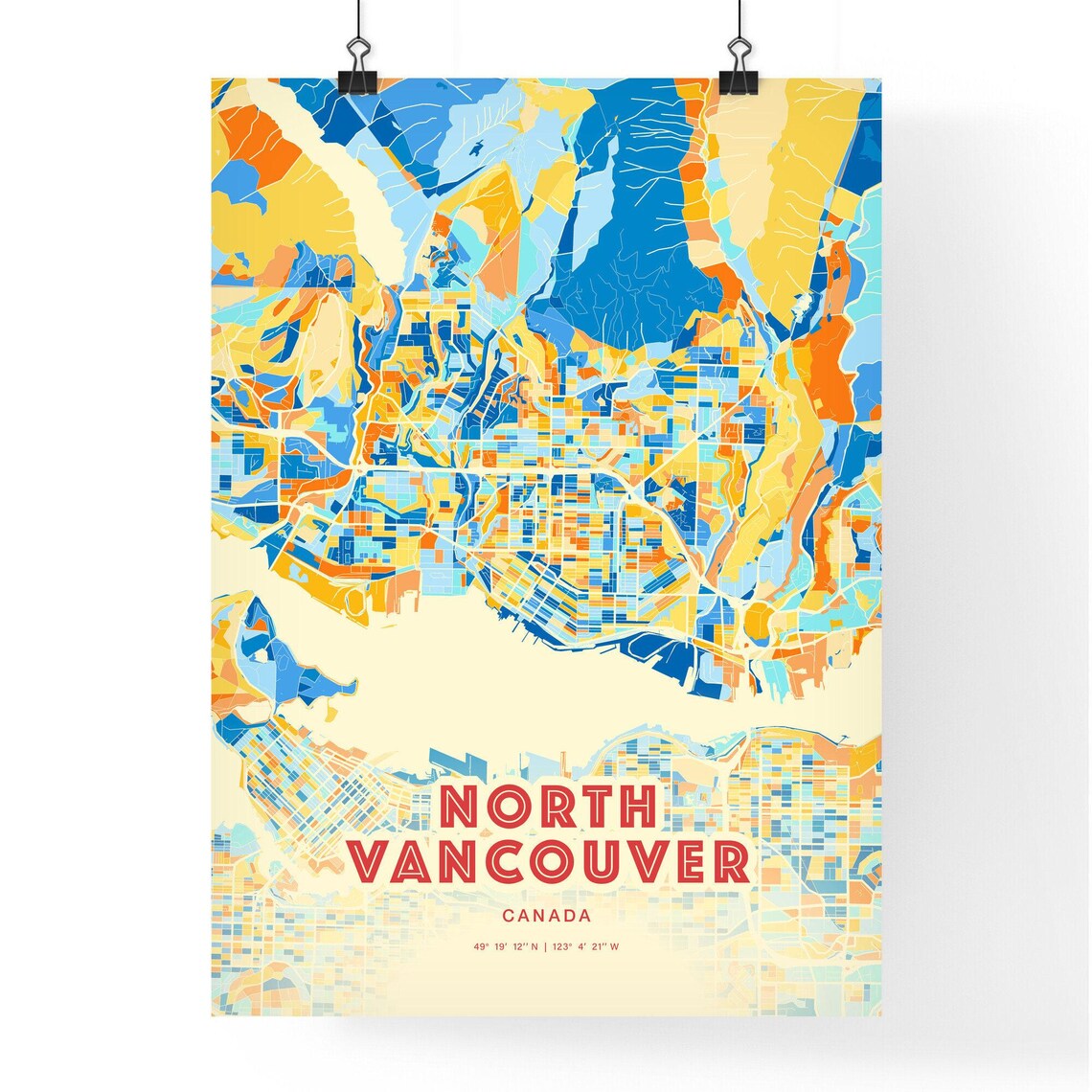 North Vancouver Canada Colorful Blue and Orange Retro City Street Map Wall Art