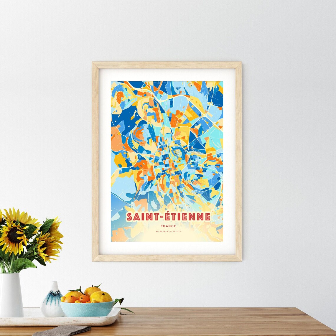 Saint Etienne France Colorful Blue Orange Modern City Map Poster - Image 2