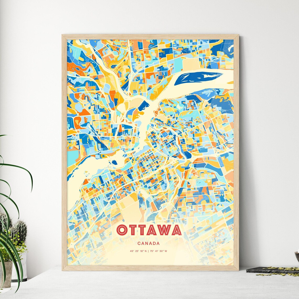 Ottawa Canada Blue Orange Capital City Riverside Map Art Poster