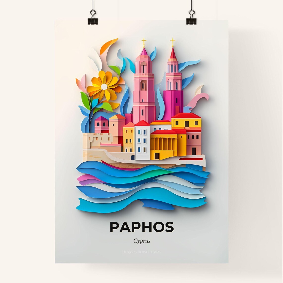 Paphos Cyprus Colorful Paper Cut Coastal Towers Travel Poster - Image 4
