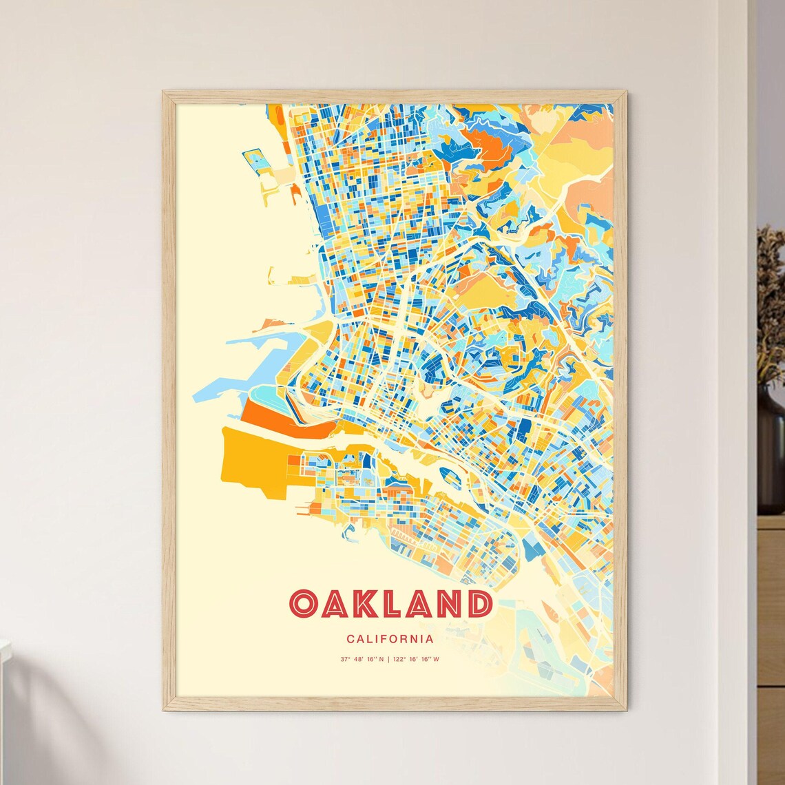 Oakland California City Map Art Poster Blue Orange Street Style