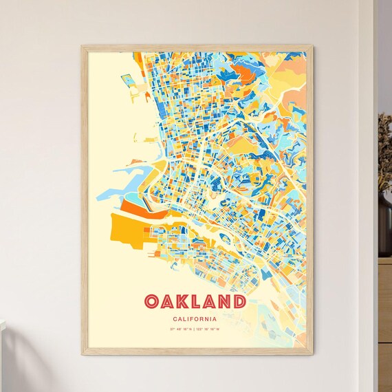 Oakland California City Map Art Poster Blue Orange Street Style