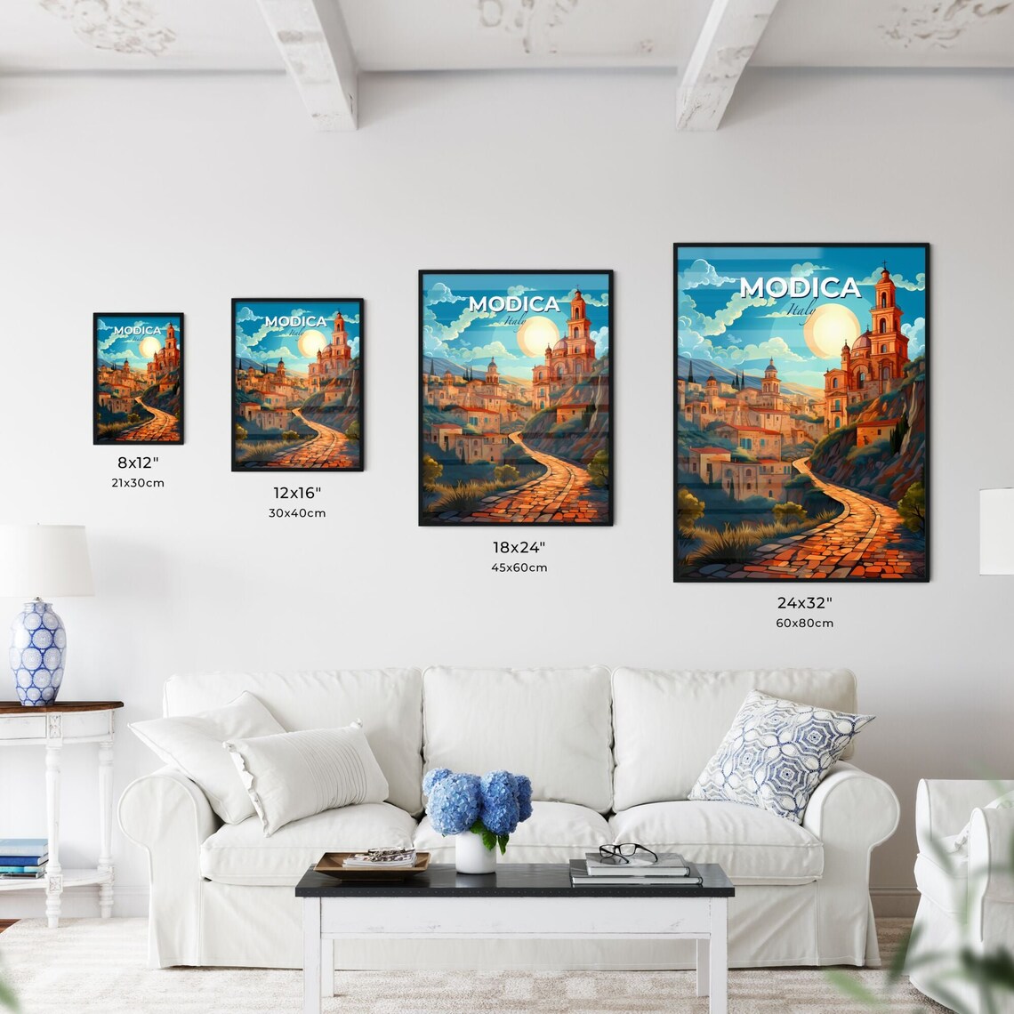 Modica Italy Hillside Town Travel Poster Stone Path Baroque Art - Image 3