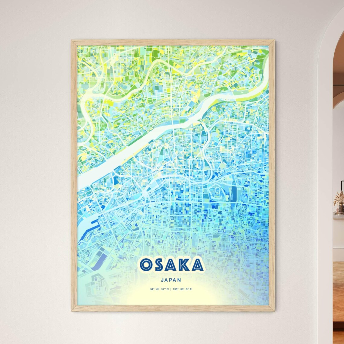 Osaka Japan Bluish Watercolor City Map Art Poster Wall Decor