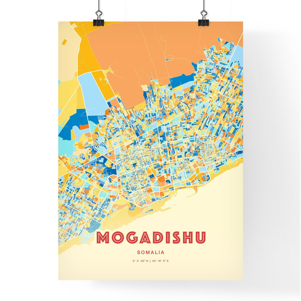 Mogadishu Somalia Blue Orange Colorful City Map Art Poster With Coordinates - Image 3