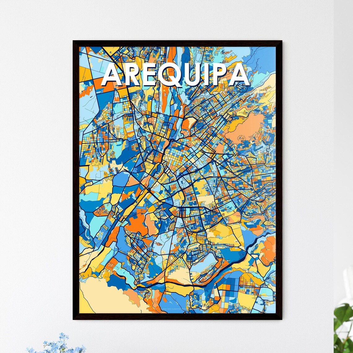 Arequipa Peru Bold City Map Art Poster in Navy Orange and Yellow