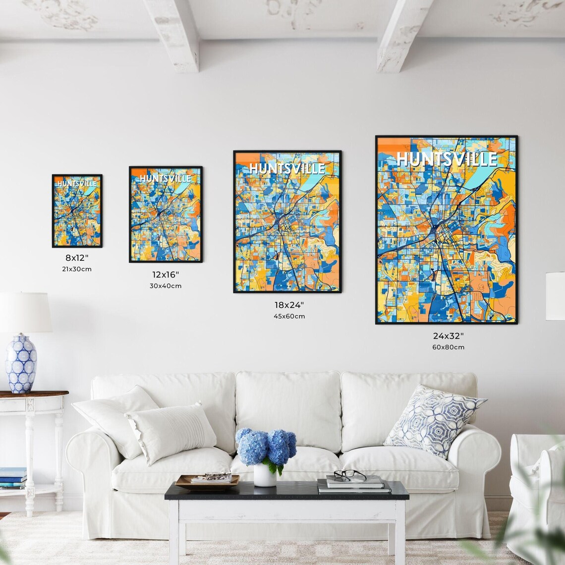Huntsville Alabama Colorful Blue Orange City Map Mosaic Poster - Image 3