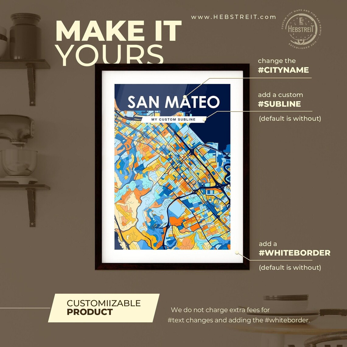 San Mateo California Stylish Vibrant Blue and Orange Mosaic City Map Poster - Image 2