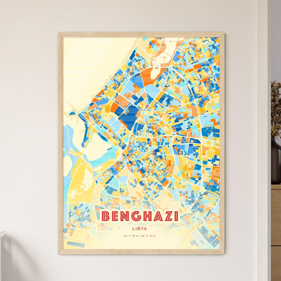 Benghazi Libya City Street Map Art Poster Blue Orange Coordinates