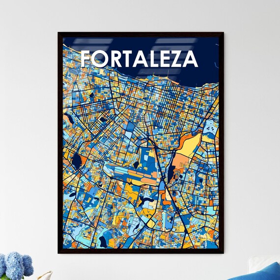 Fortaleza Brazil Stylish Vibrant Blue and Orange Mosaic City Map Poster