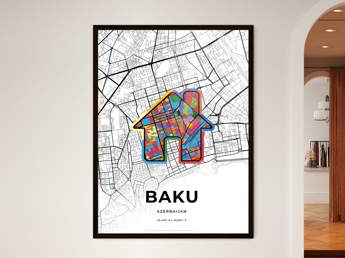 Baku Azerbaijan Modern Minimalist Heart Street Map Art Poster - Image 3