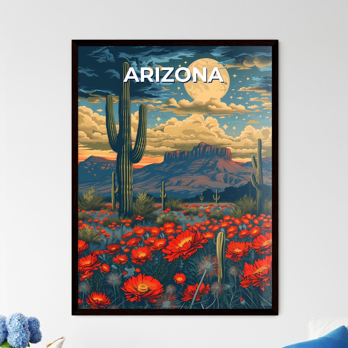 Arizona Saguaro Cactus Wildflower Field Moonlit Night Vintage Poster