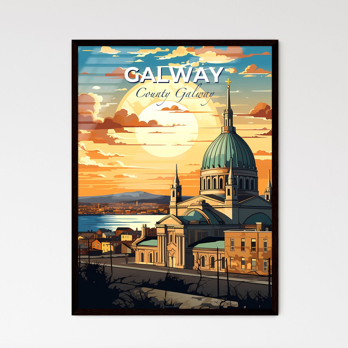 Galway Ireland Cathedral Dome Sunset Waterfront Travel Poster