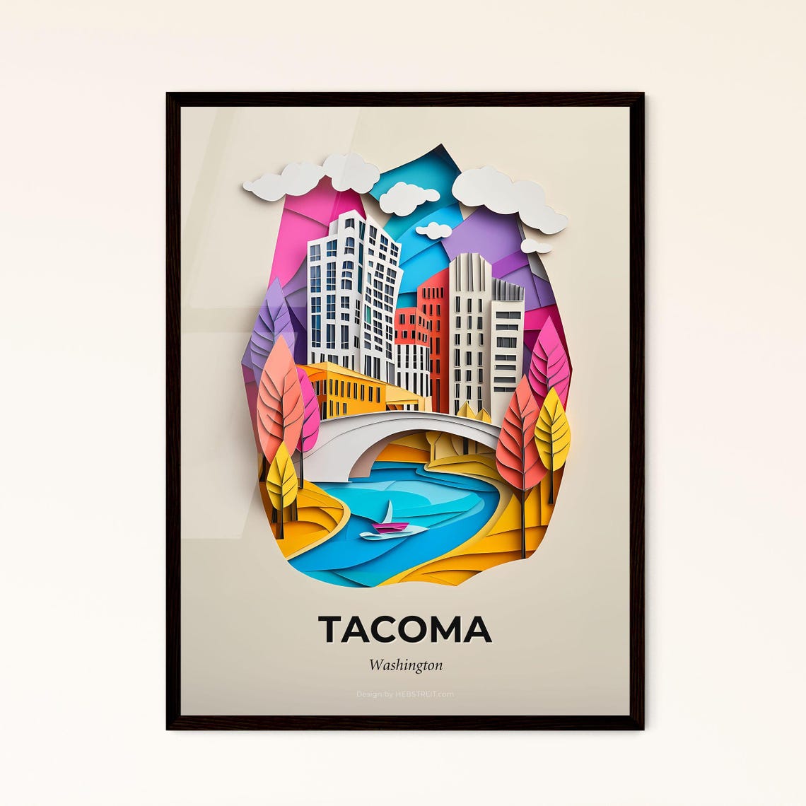 Vivid Tacoma Washington A Paper Cut Of A City With A Boat Fine Art Print Customizable